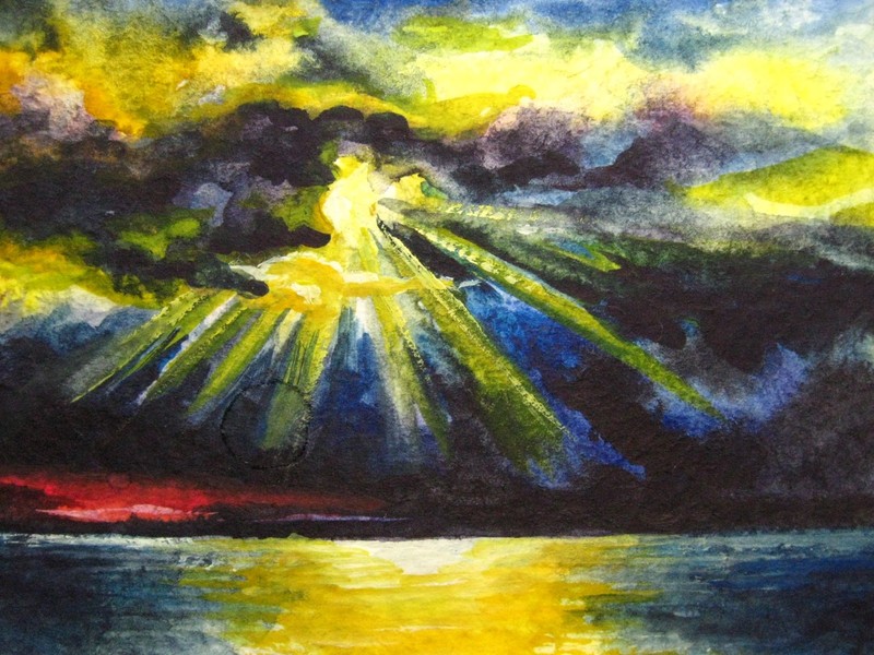 Watercolor Painting Seascape Ocean Sunset Cloudy Sky Nature ACEO Art