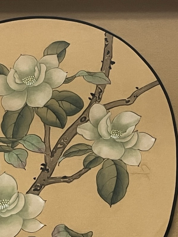 Hand-Painted Magnolia Fan in 16" Square Shadow Box Frame — Floral Branch Motif gallery
