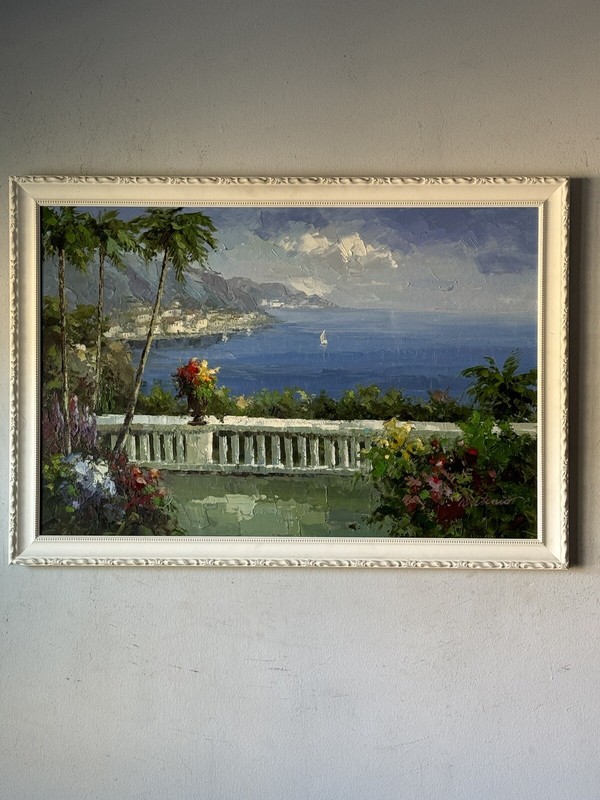 ANTONIO DI VICCARO VINTAGE ITALIAN MODERN VILLA OCEAN LANDSCAPE OIL PAINTING 80s gallery