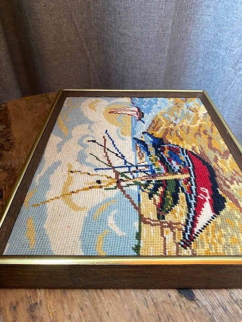 1970s Completed Needlepoint Fishing Boats -Van Gogh MCM Costal Framed Wall Art gallery