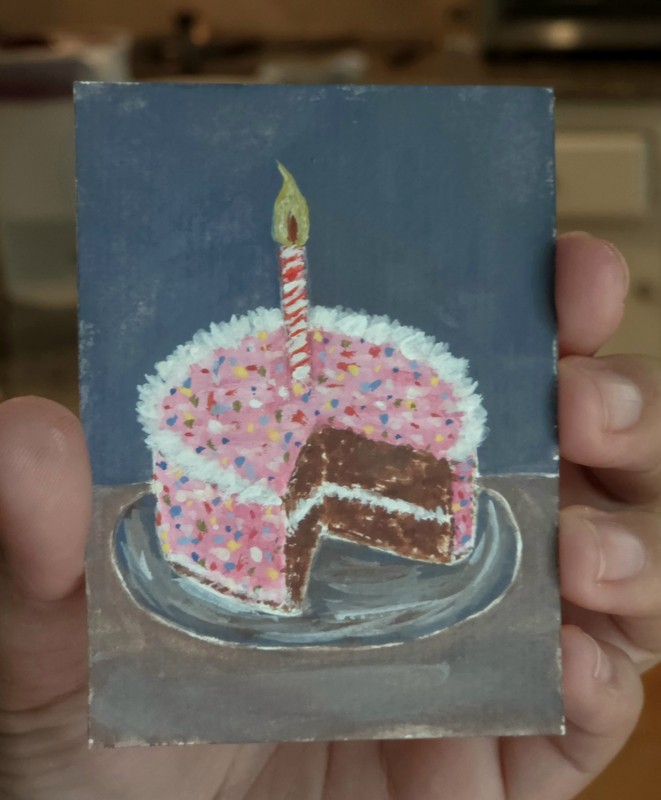 ACEO original Food Art Chocolate Cake Celebration Illustration Gouache 2.5″3.5″