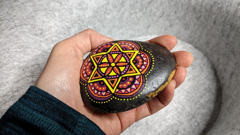 Hand Painted Rock / Stone – mandala red orange yellow warm fire colors