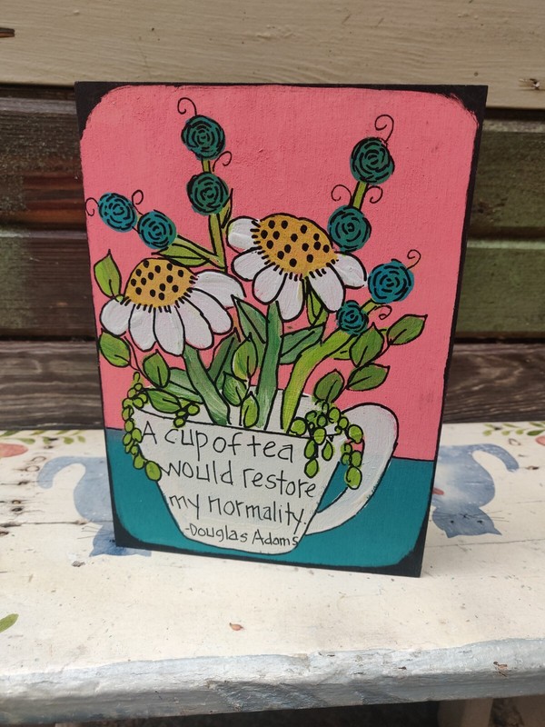 Douglas Adams Painting, 7×5 wood panel, A cup of tea would restore my normality