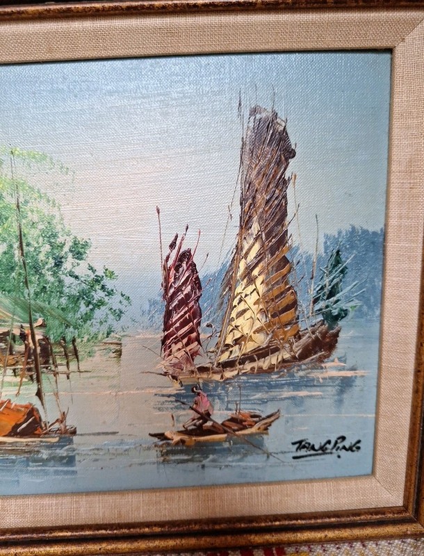 Vtg Expressionist Asian Art Landscape MCM Oil Painting Set of 2 Signed Tang Ping gallery