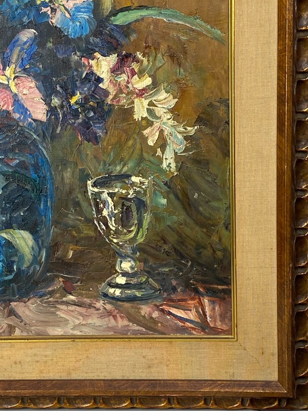 Floral Oil Painting 36x29 Gian Luigi Campanile Blue Iris 1964 Large Impasto gallery