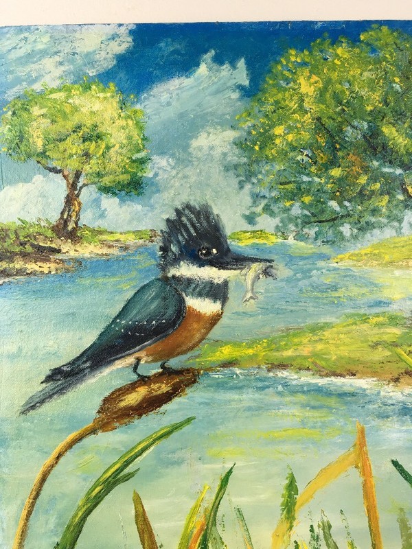 16 x 20 Oil Painting Kingfisher Bird w Fish Stream Cattails Trees Clouds signed gallery