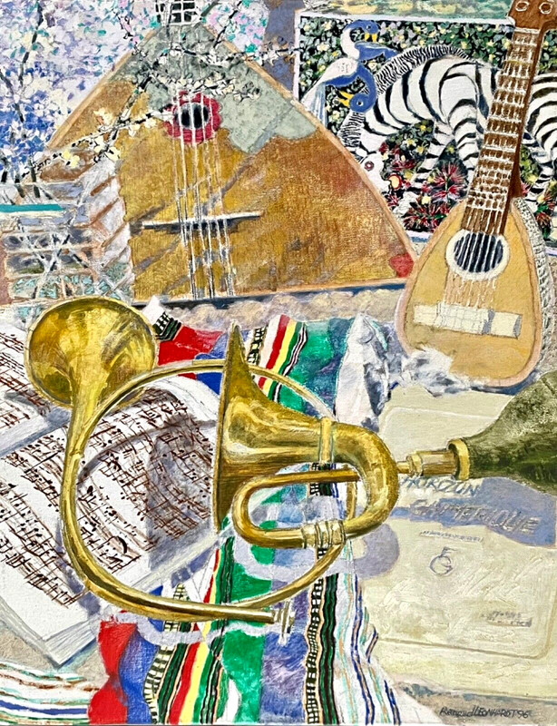 Original Signed RENAUD LEONHARDT Painting Musical Instrument French Still Life