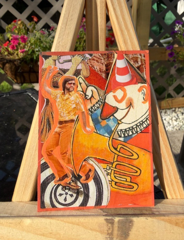 Original ACEO Mixed Media Collage Art Orange Clown Tuba Circus Series OOAK