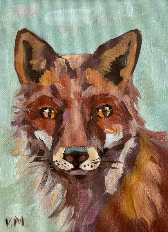 Fox Portrait Original Oil Painting Animal Modern Art Signed