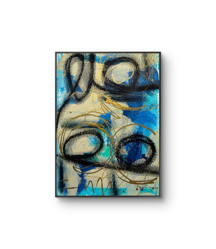 Original Abstract Mixer Media 7”x5” Painting Office Decor Blue Black Gold Art gallery