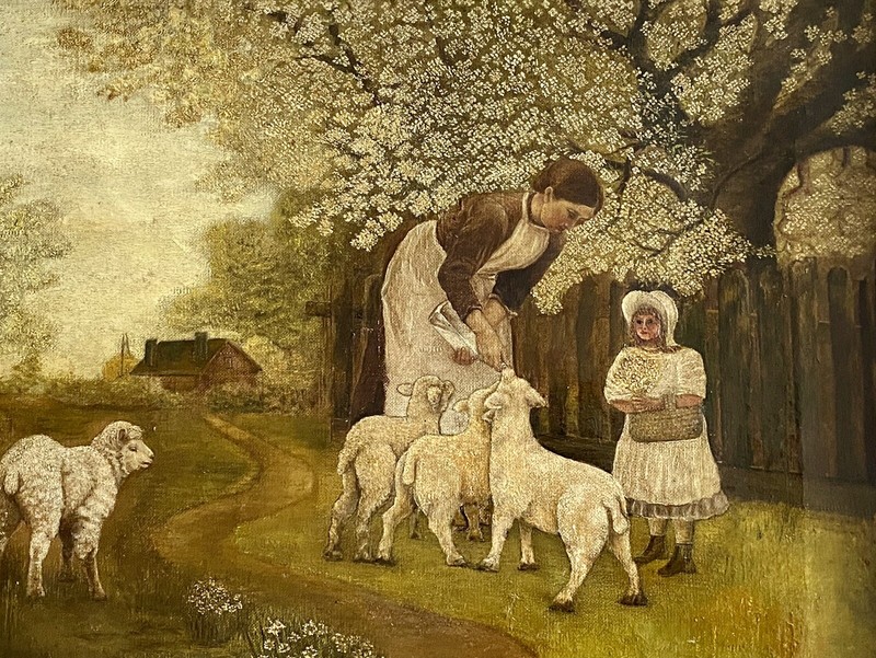 19TH C AMERICAN FOLK ART PAINTING PRIMITIVE OIL ON CANVAS SHEEP PASTURE SIGNED gallery