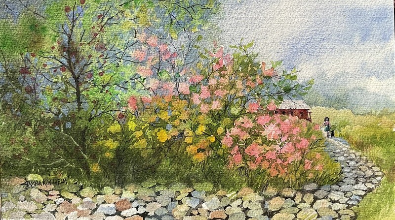 5×10” Original Pamela Wilhelm Watercolor Ink Summer Garden Stone Path Girl & Dog