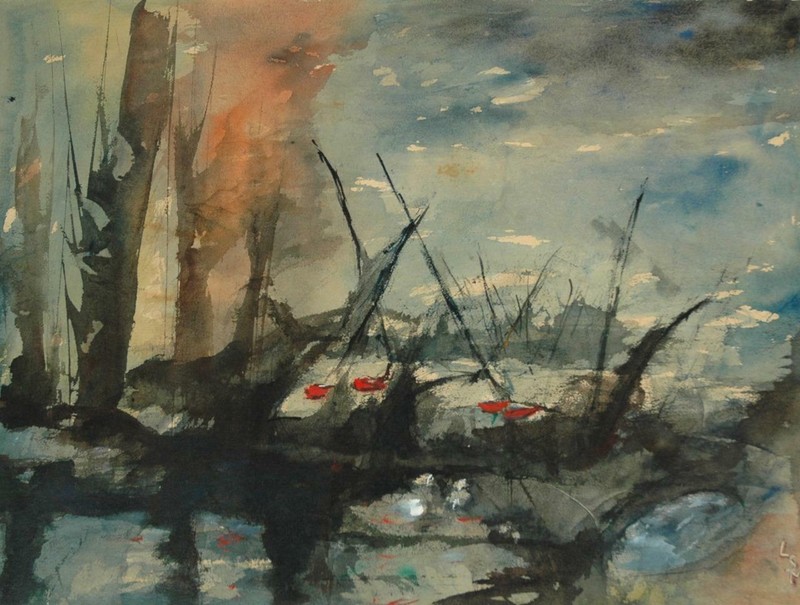 Vintage Watercolor of Abstract Naval Battle Harbor Scene Monogrammed LSM