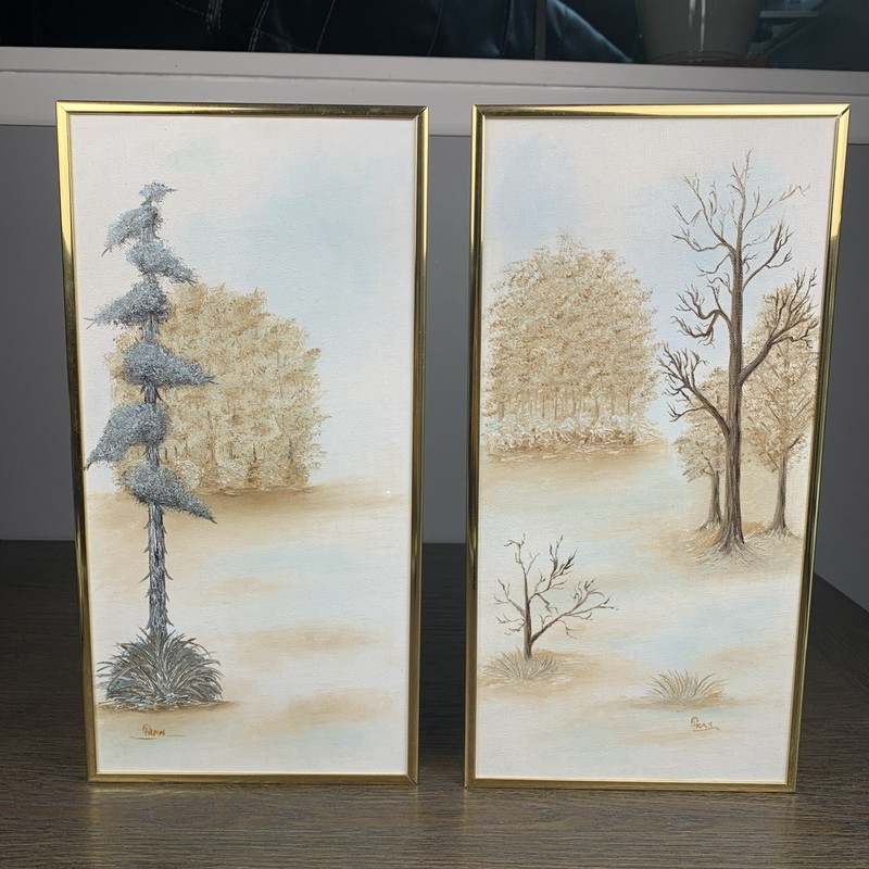 Set of 2 Original Tree Landscape Framed Paintings 16 X 8 Home Artist Signed 1984