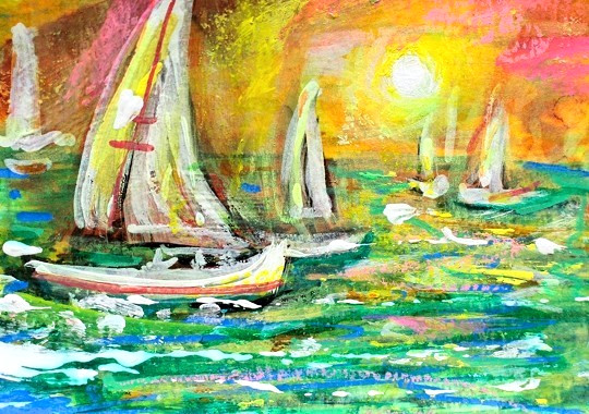 ACEO Original Painting Summer Sailboats Waves Sunset Ocean Sea Bay Boats ART