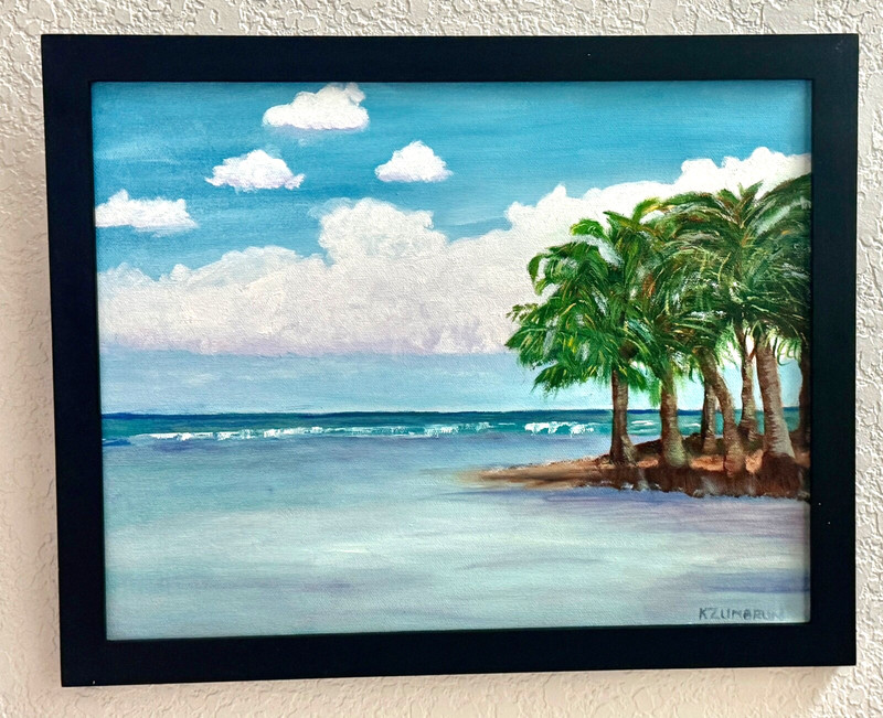 Belize Beach Original Painting By Karen Zumbrun Oil on Linen Framed 12×15″