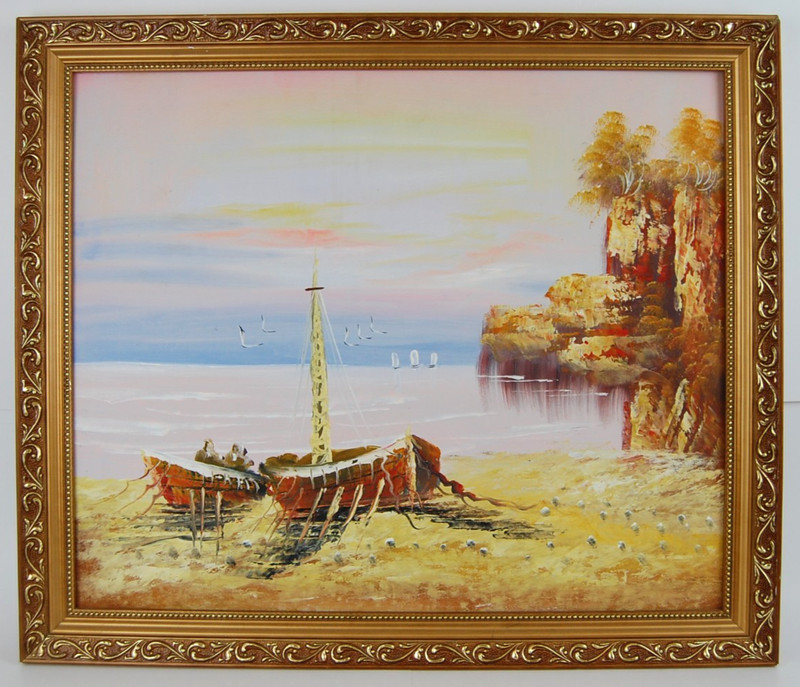 Vtg 80's Framed Impressionist Oil Painting Boats on Beach Seascape Scene 24X20 gallery