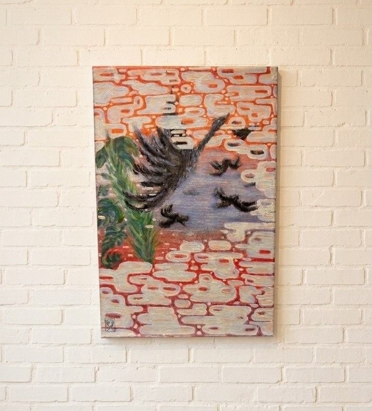 Contemporary painting of a surreal scene. Acrylic paint on a canvas.