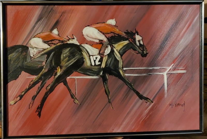 VINTAGE Horse Racing Painting On Canvas Mid Century Framed Large 35×23 Signed
