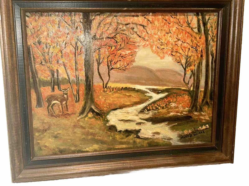 VTG ‘47 Signed Mary Walker Deer Stream Fall Landscape Canvas 15.25”T 19.25”W gallery