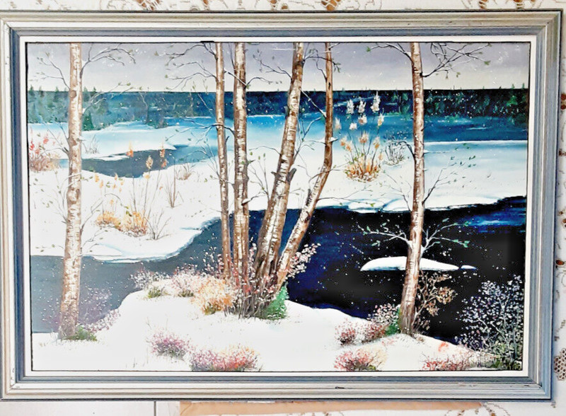 Original Oil on Cardboard Painting, Landscape, 18″x26″, Spring, River, Flowers.