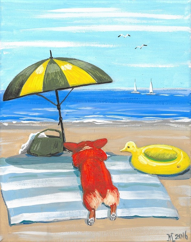 ACEO PRINT OF PAINTING PEMBROKE WELSH CORGI RYTA SEASCAPE BEACH Decor Art 🌸