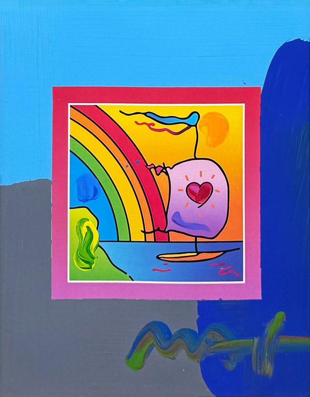 Peter Max "Sailboat With Hearts On Blends" | Unique Mixed Media on Paper 27x25" gallery