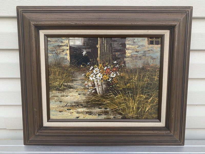 1981 Original Oil Painting Canvas Abandoned House Flower Framed Signed Chadwick
