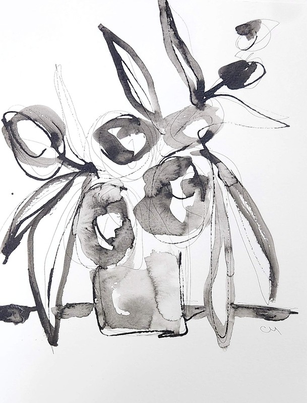 Original Abstract 9x12 Ink Botanical Signed Black White Art on Paper Decor gallery