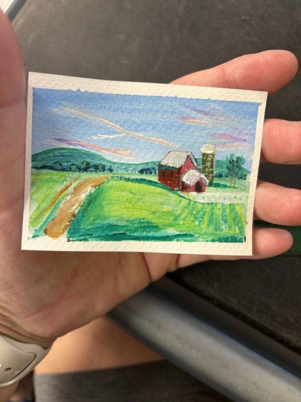 ACEO tiny painting original landscape farm mixed media acrylic watercolor art