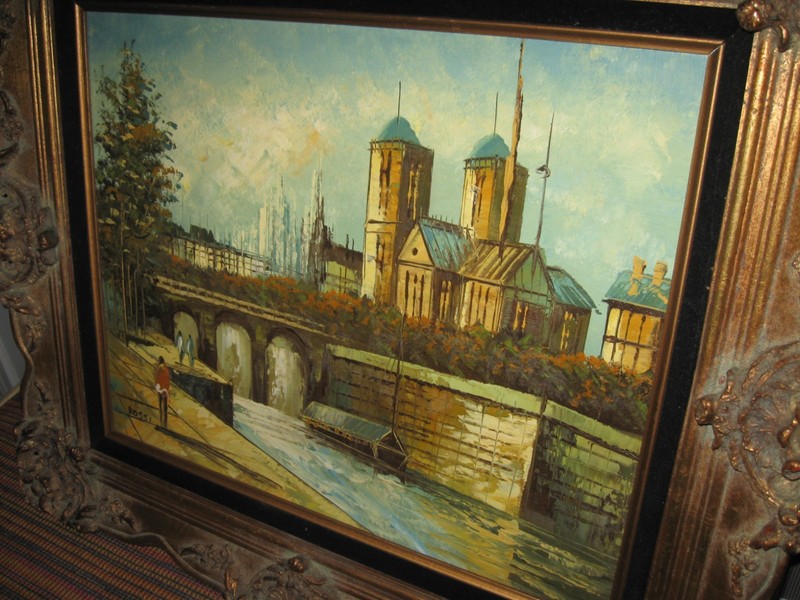 Original painting Signed Rossi Cityscape Water People Frame 29" x 25" gallery