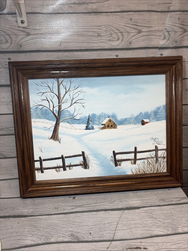 vintage oil painting Landscape Signed House Snow Rustic Farmhouse Winter 20×16