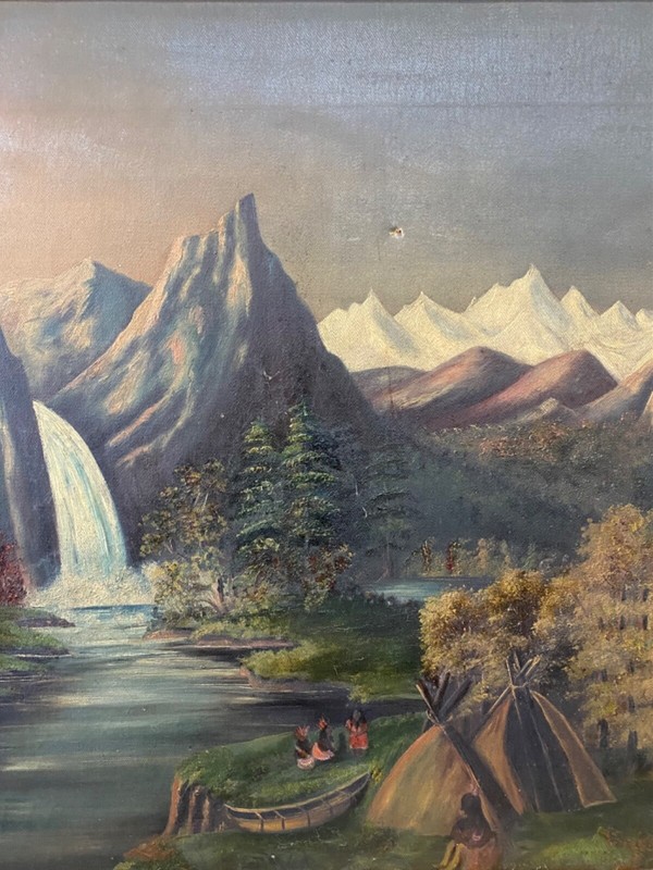 🔥 Fine Antique 19th c. Native American Folk Art Indians Landscape Oil Painting gallery