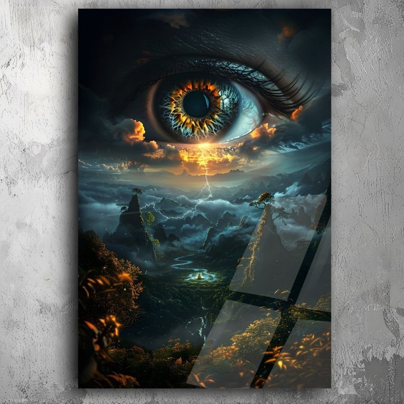 Glass 3D Painting Surreal Eye Art: UV Printed Acrylic Glass, Fantasy Dreamscape