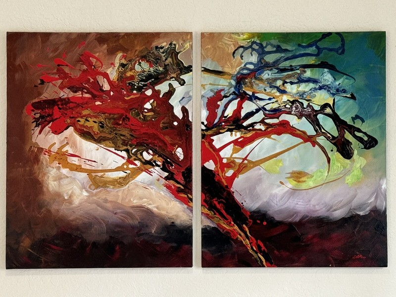 Original Hand Painted Medium Acrylic 44” W x 28”H x 3/4” D 2 Panels of 22”x 28”