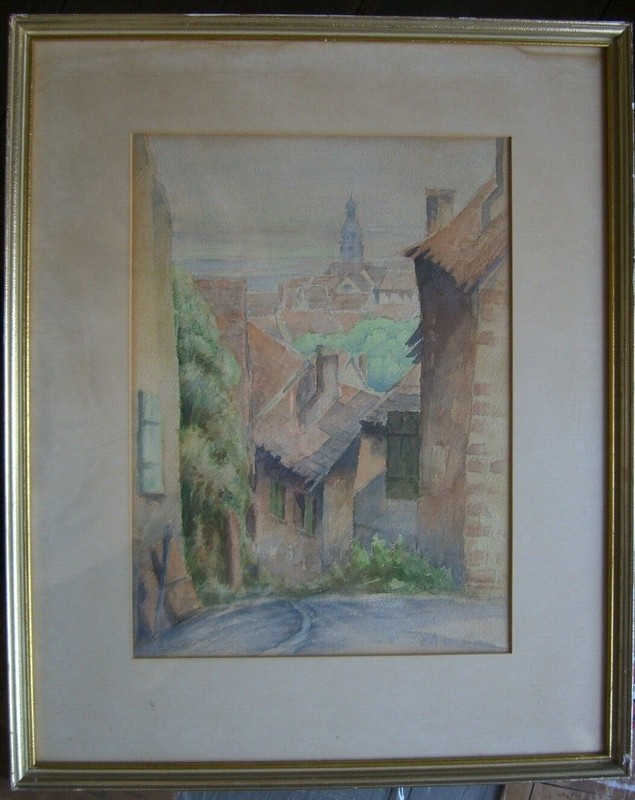 Watercolor Old Town Tower Alley Slope Illegibly Signed E. A K….?? Antique
