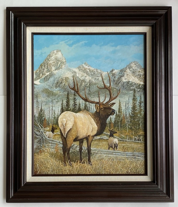 Schuch Vintage American Elk Wildlife Portrait Rocky Mountain Landscape Painting