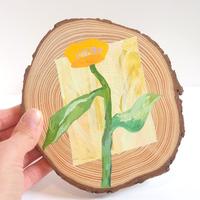 OOAK Original Acrylic Painting Wood Slice Solid Panel Orange Poppy Flower gallery