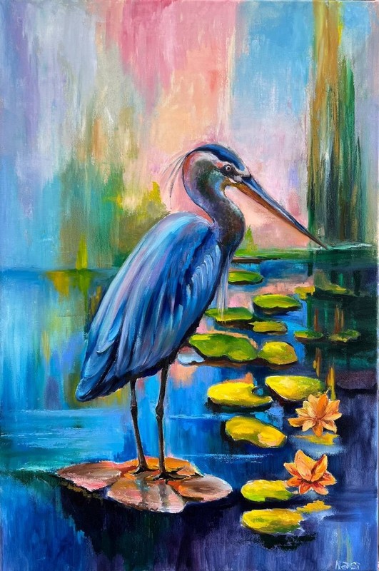 Original painting oil, 20×30 inch, Heron with Lilies, Wall Art Decor, Home Gift