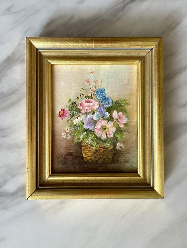 Vintage Signed Floral Original Miniature Oil Painting Gold Gilt Wood Framed