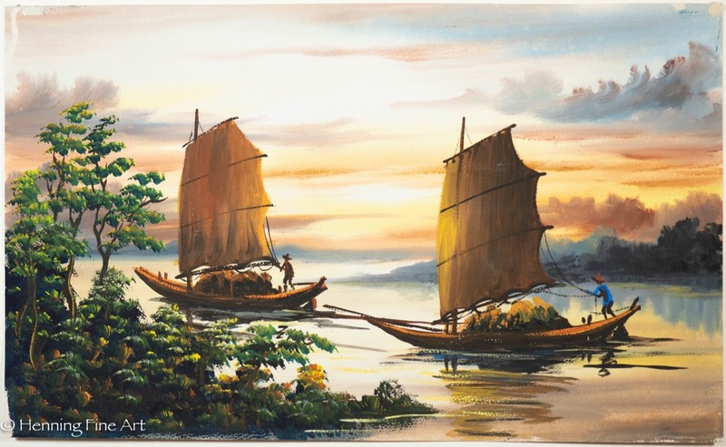 Beautiful Vintage Mid Century South East Asian Junk Boats Landscape Painting 17