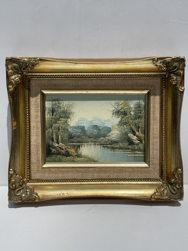 Vtg Oil Painting Landscape Mountains River Gold Ornate Wood Frame Small 5×7 Art