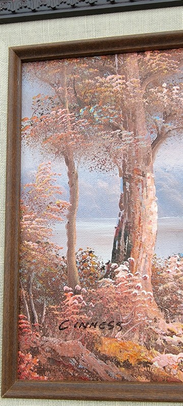 Framed Oil Painting fiber board 15"x13" Landscape Cabin Forest signed C Inness gallery