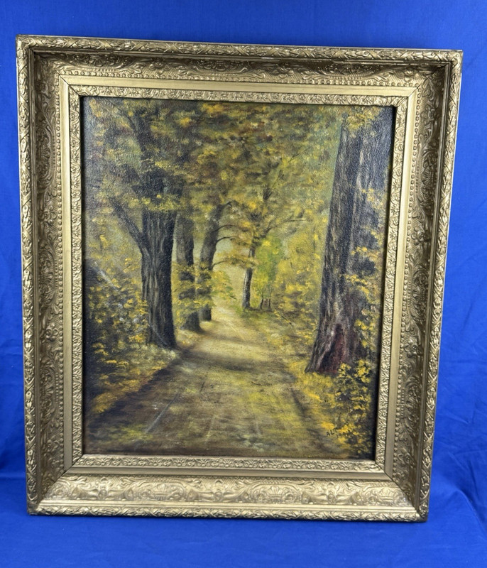 1902 Oil Painting Signed ALT Country Road Landscape Beautiful Frame 28.75 x 25