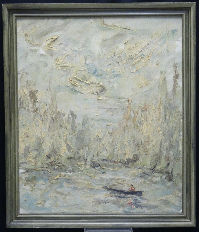 FRAMED SIGNED ELMO GIDEON (1924-2010) BOAT SALING SCENE OIL PAINTING 20″x24″
