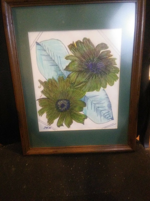 Green Flowers Multi Media Pen/Pencil.Framed Under Glass. 16 H X 20 W Signed FMS gallery