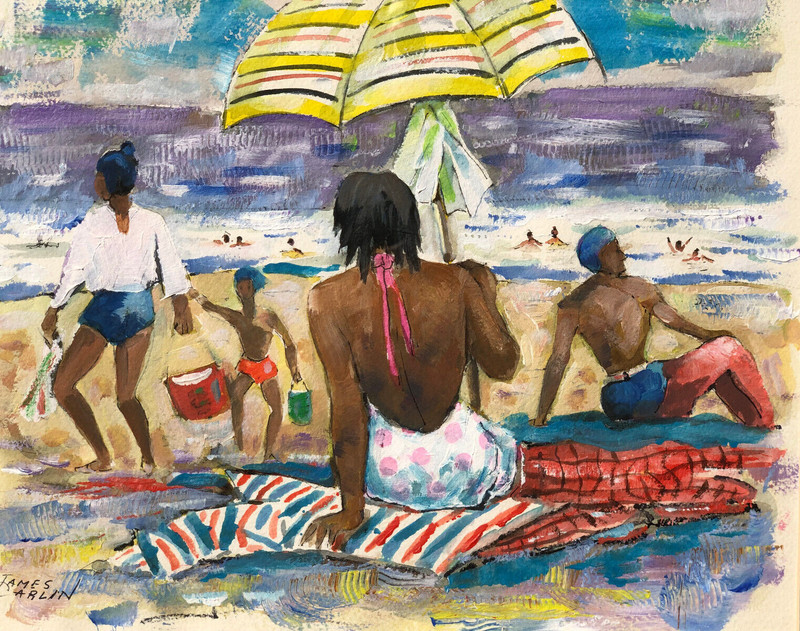 Black Family on Beach- New Jersey-Oil on Paper Painting-1960s-James Carlin gallery