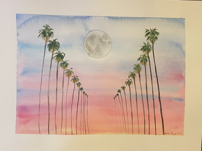 Original Watercolor Palm Tree Sunset 12 X 16 Inches Los Angeles Contemporary Art