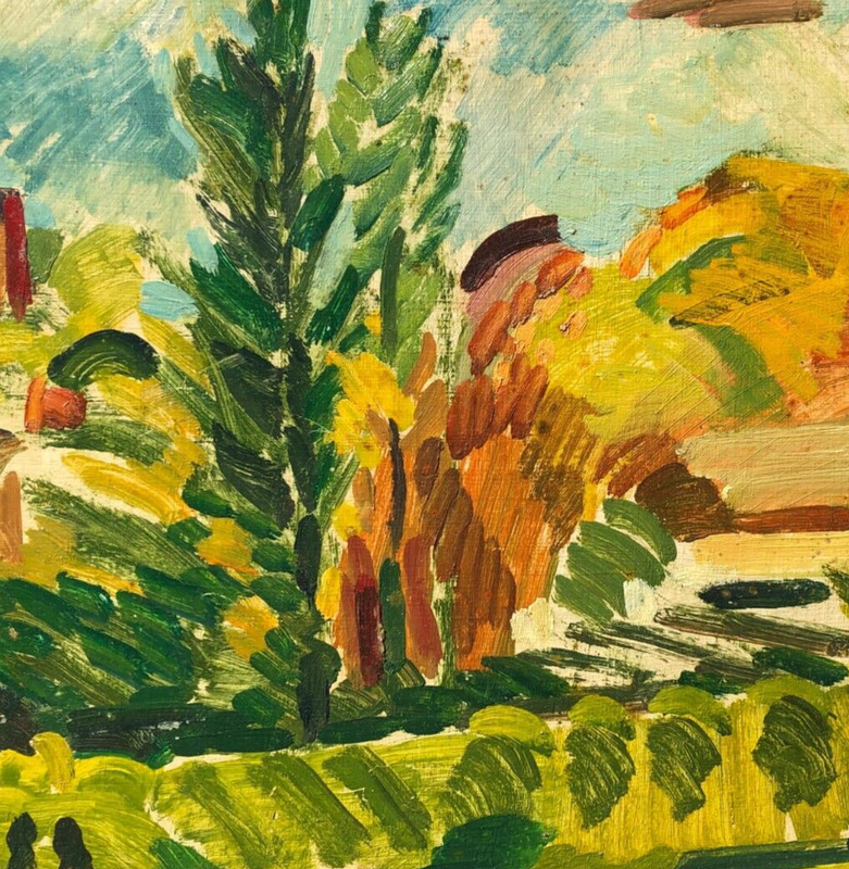 Landscape with Houses Impressionist Oil Painting-17" x 20"-1980s-I.L. Winarsky gallery