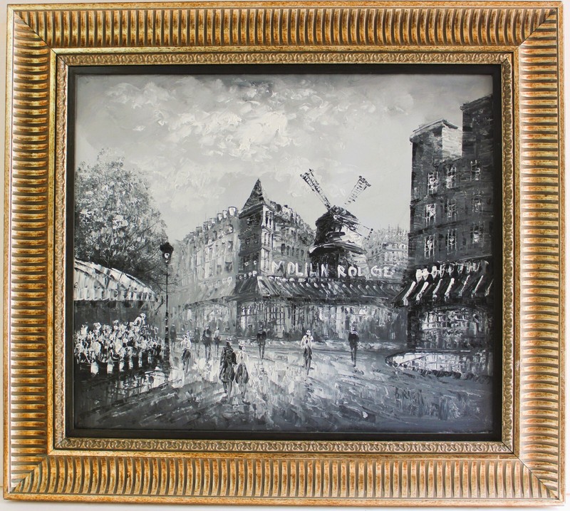 VINTAGE LARGE OIL PAINTING CANVAS SIGNED BURNETT PARIS MOULIN ROUGE MONTMARTRE